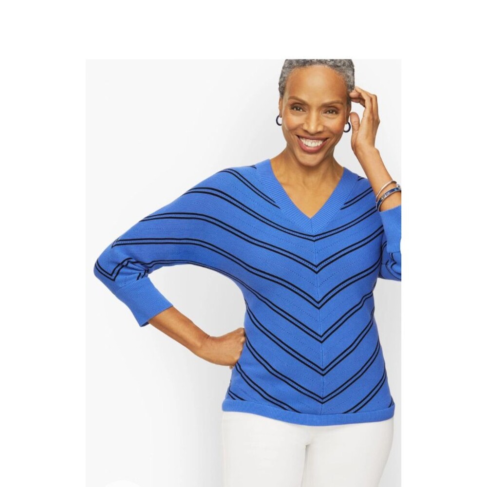 New Talbots Women's Blue Black Striped V-Neck 3/4 Sleeve Pullover Sweater Sz 2X